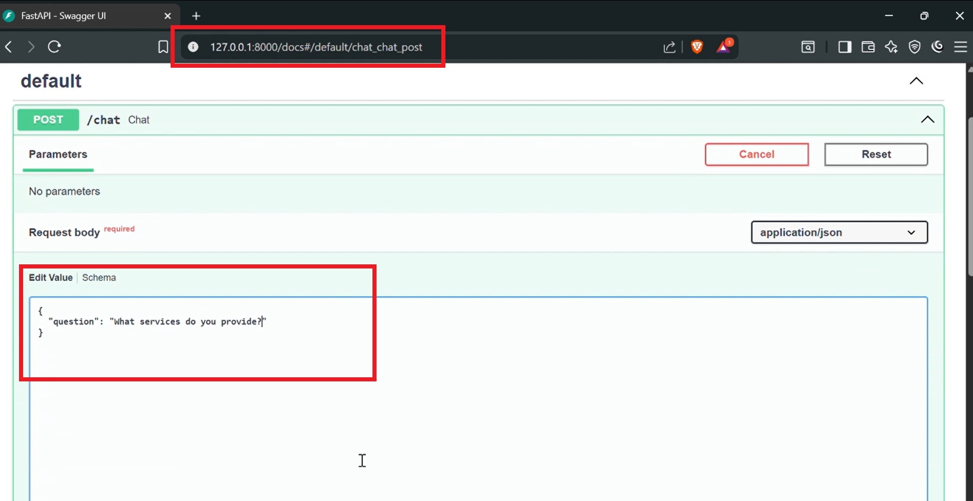 Swagger UI With a Sample Question Request